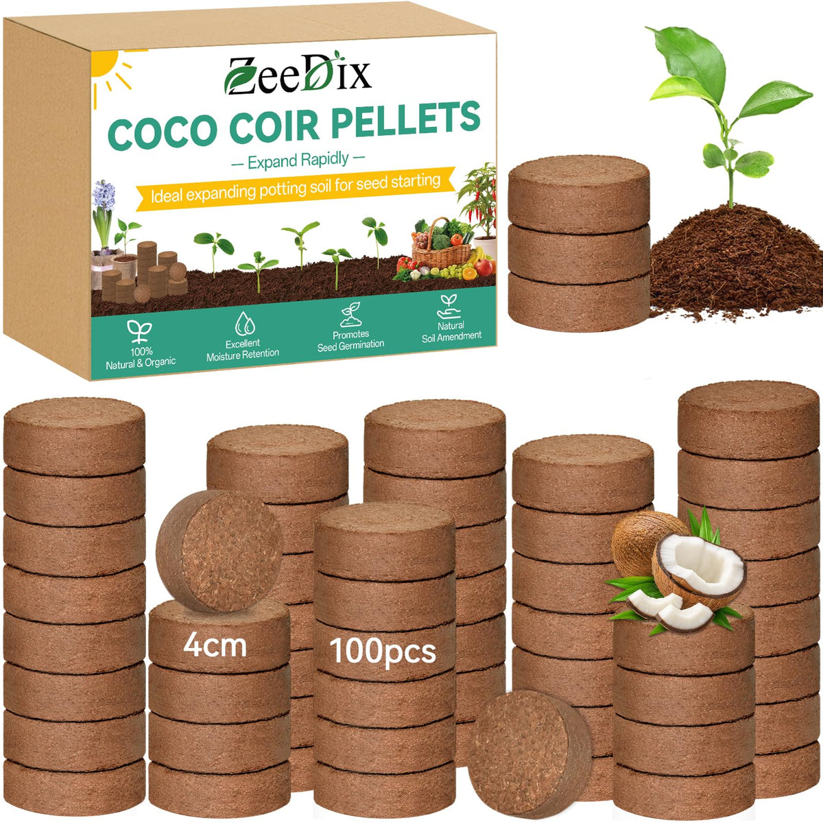 ZeeDix coco coir pellets pack before expanding, ideal for quick seed starting.