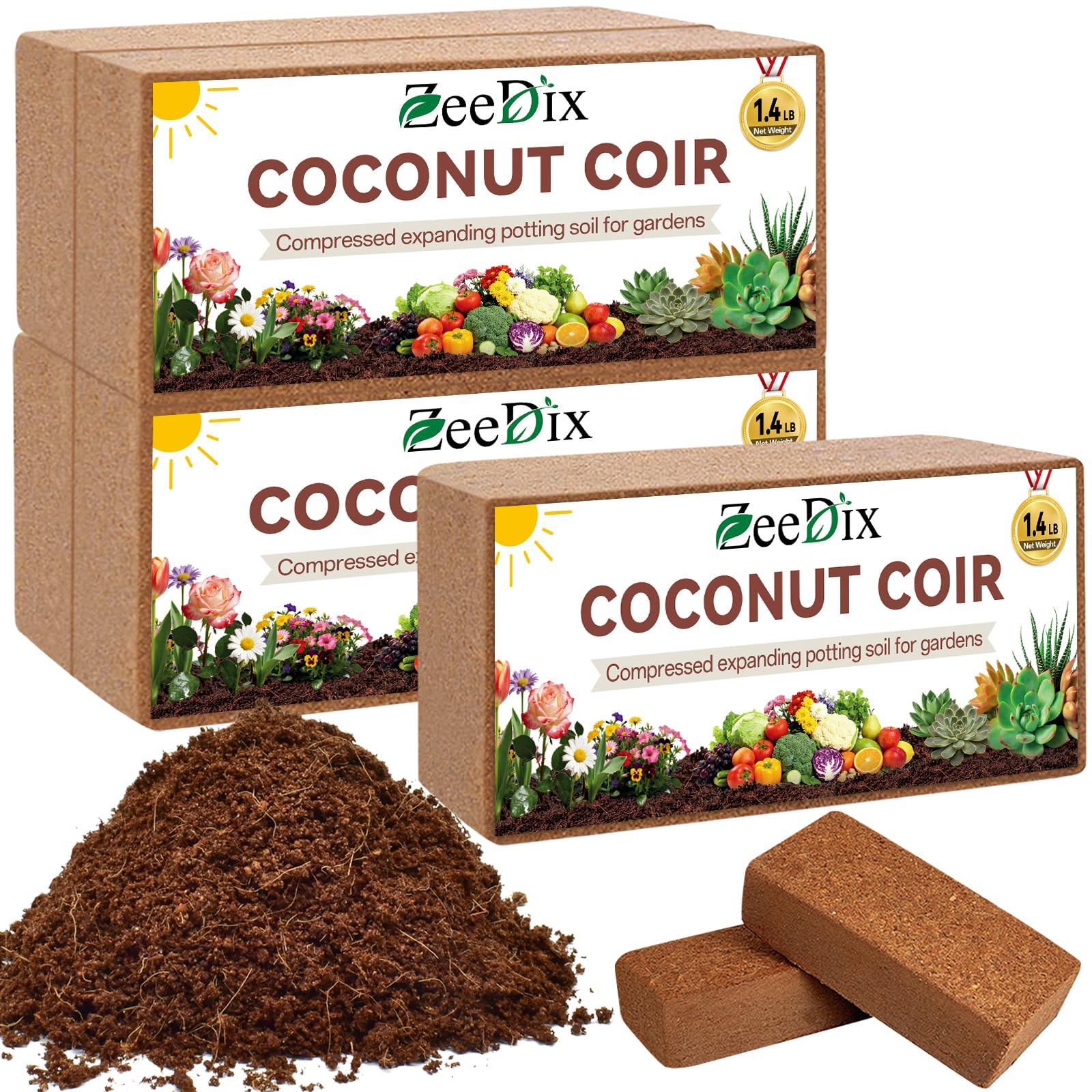 ZeeDix coconut coir bricks 5-pack ready for soil preparation and seed starting.