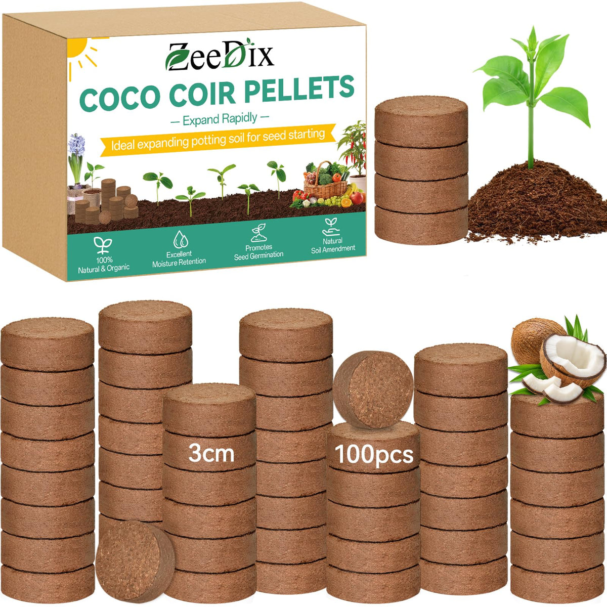 ZeeDix coco coir pellets before water expansion ideal for easy planting prep.