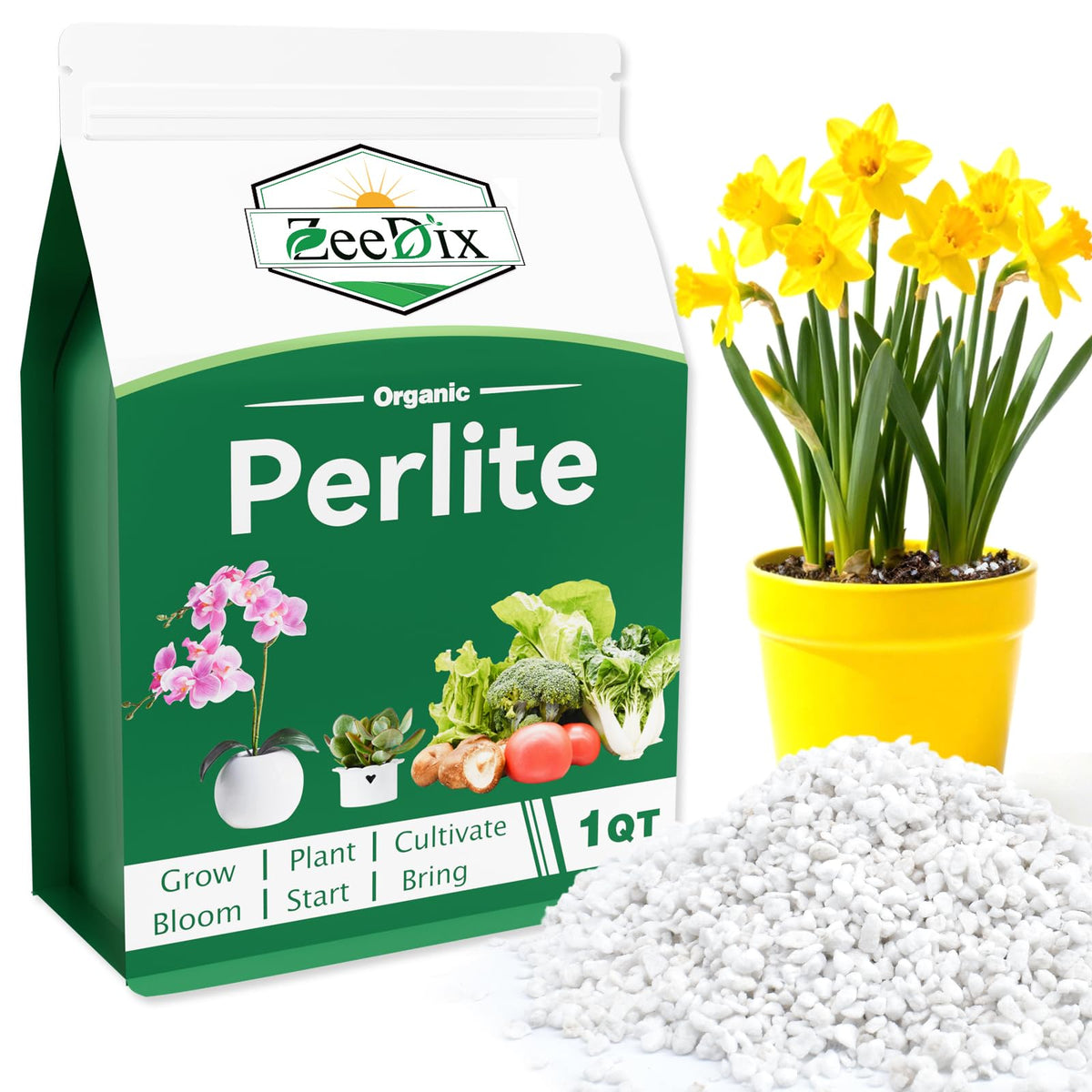 ZeeDix Premium Perlite 3-9mm packaging highlights lightweight soil amendment.