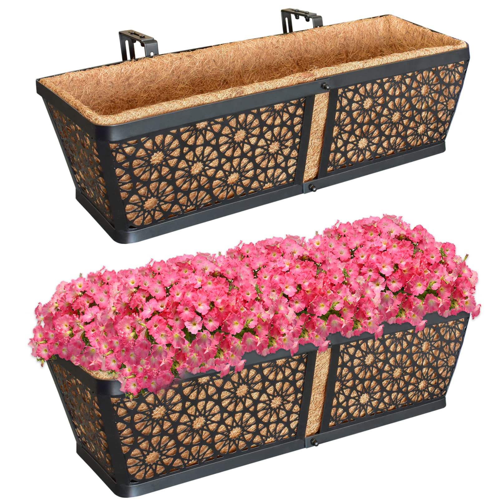 ZeeDix railing planter 24-inch two-pack on a sunlit deck for vibrant blooms.