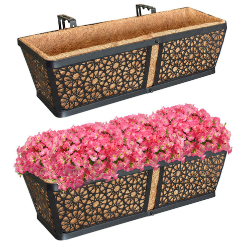ZeeDix railing planter 24-inch two-pack on a sunlit deck for vibrant blooms.