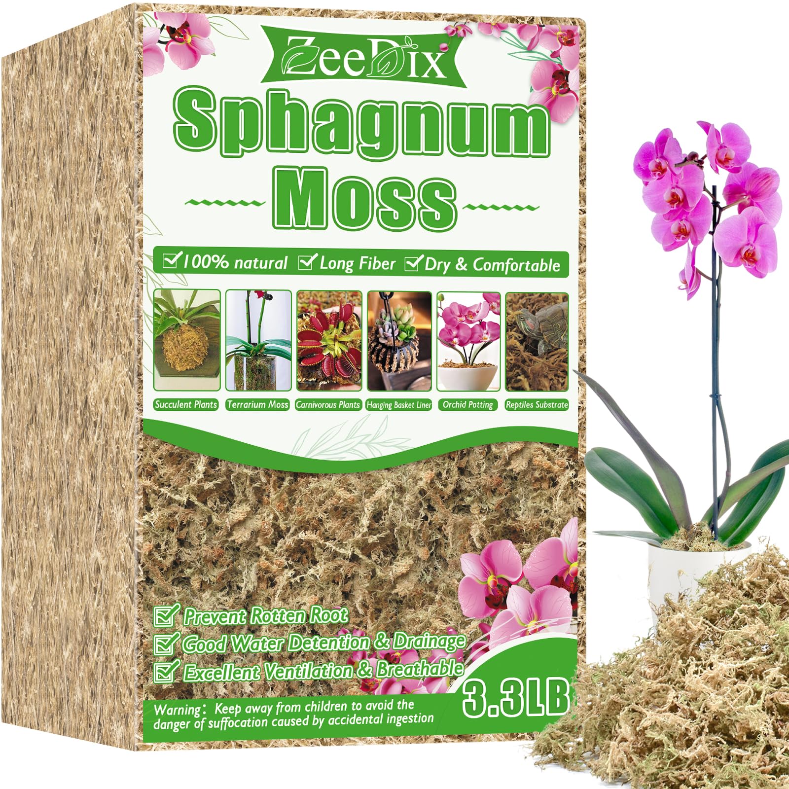 ZeeDix sphagnum moss brick dry shows compact form for easy storage and handling.