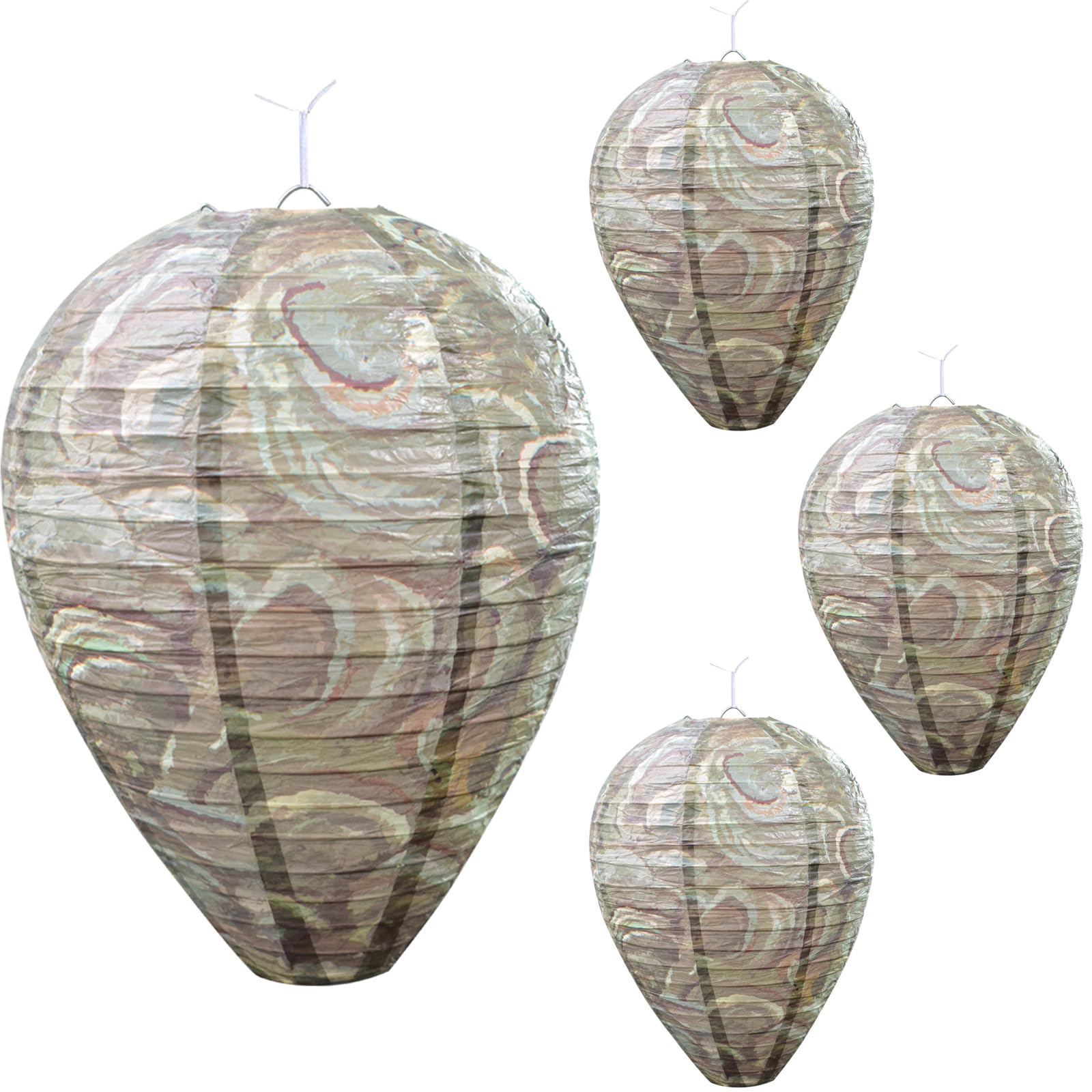 ZeeDix wasp nest decoy hangs under eaves to deter pests.