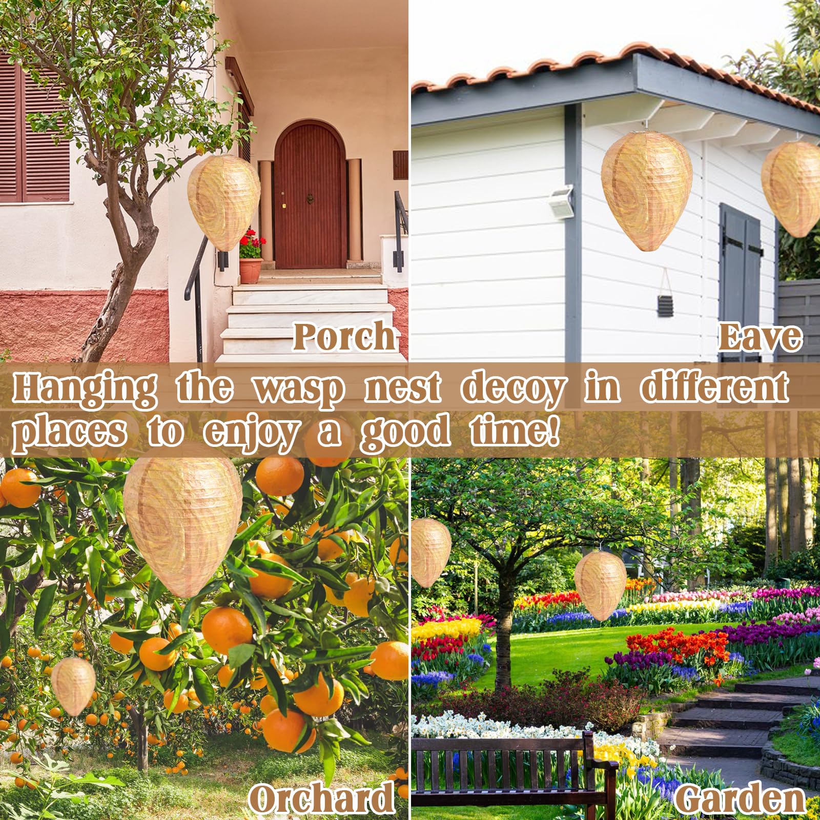 Outdoor scene shows ZeeDix nest decoys enhancing garden curb appeal.