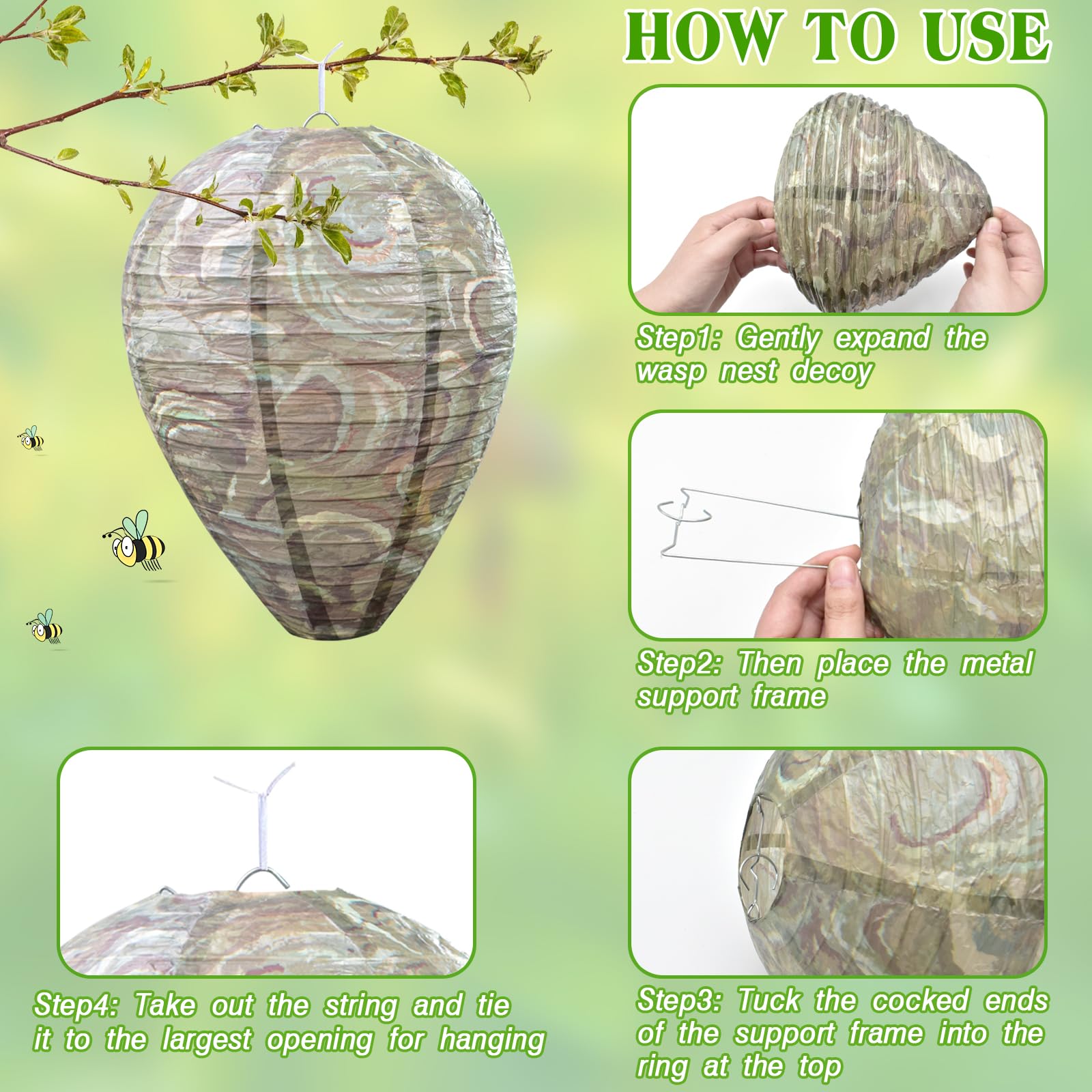 ZeeDix hanging nest decoy on a tree to protect garden spaces.