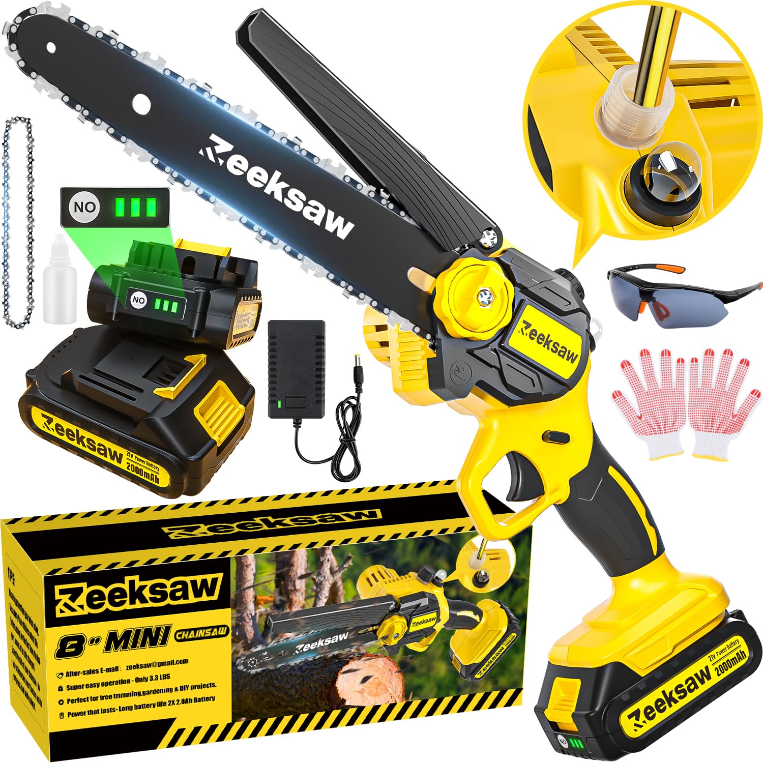 Zeeksaw mini chainsaw with oiling system enabling smooth lubricated cuts