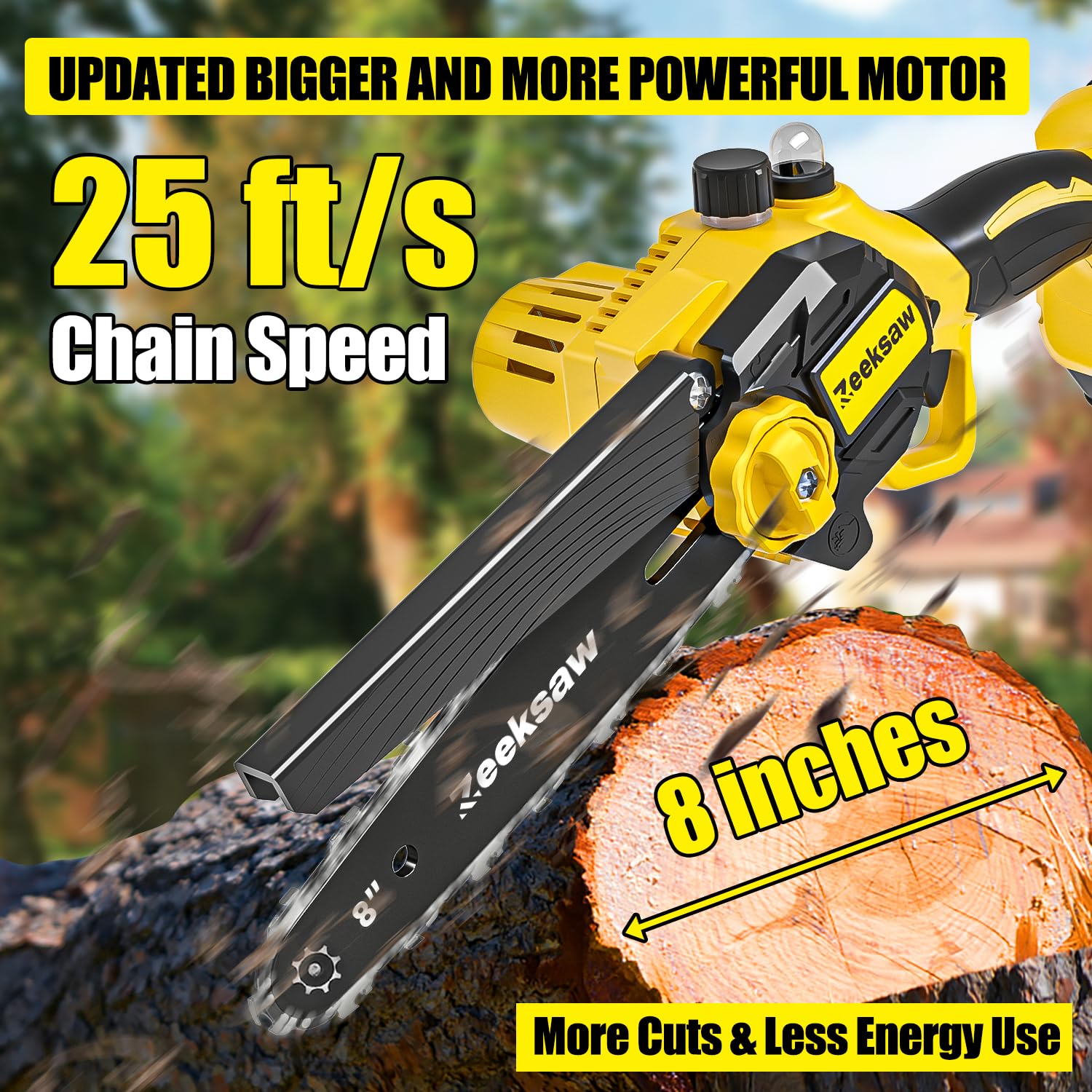 Zeeksaw mini chainsaw showing tool-free tension for quick setup