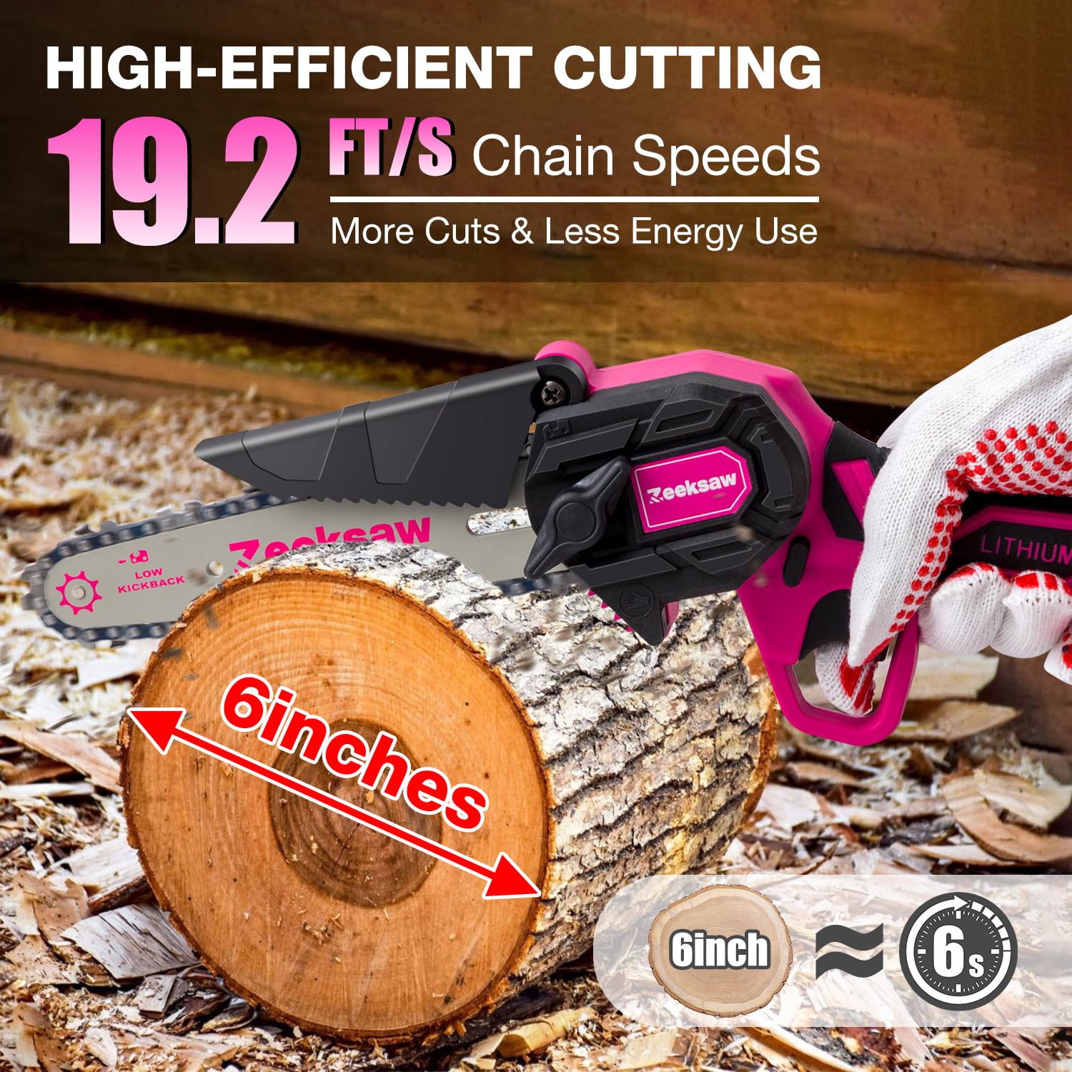 Zeeksaw pink chainsaw with 22 ft/s speed cuts through up to 5 inch branches.