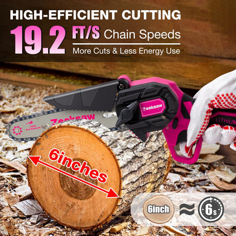 Zeeksaw pink chainsaw with 22 ft/s speed cuts through up to 5 inch branches.