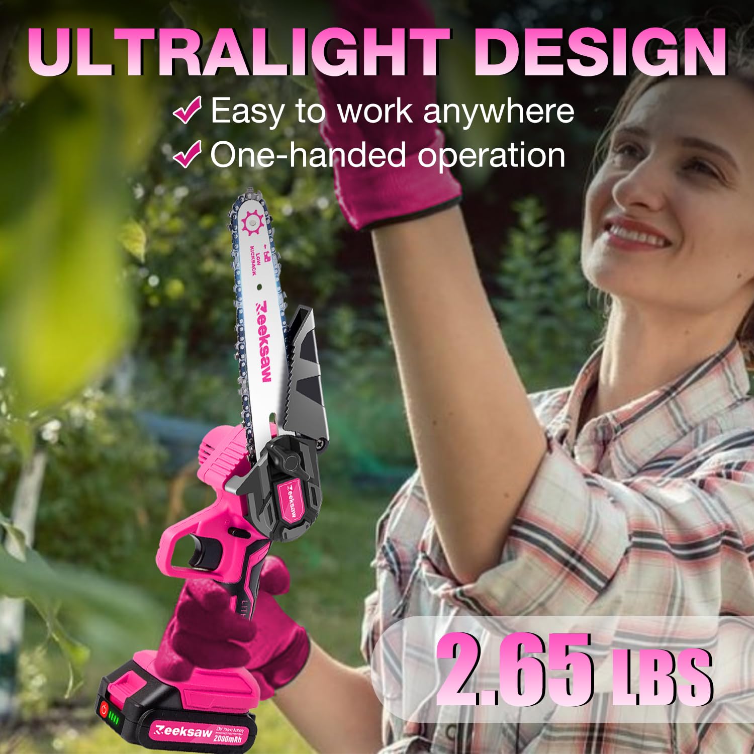 Zeeksaw pink cordless chainsaw with battery enables quick cuts in tight spaces.