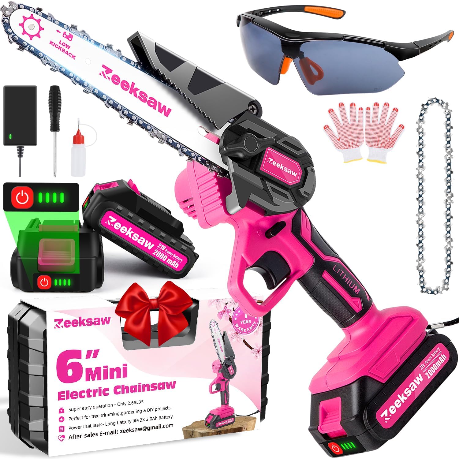 Zeeksaw pink mini chainsaw 6inch for precise pruning and quick yard work.