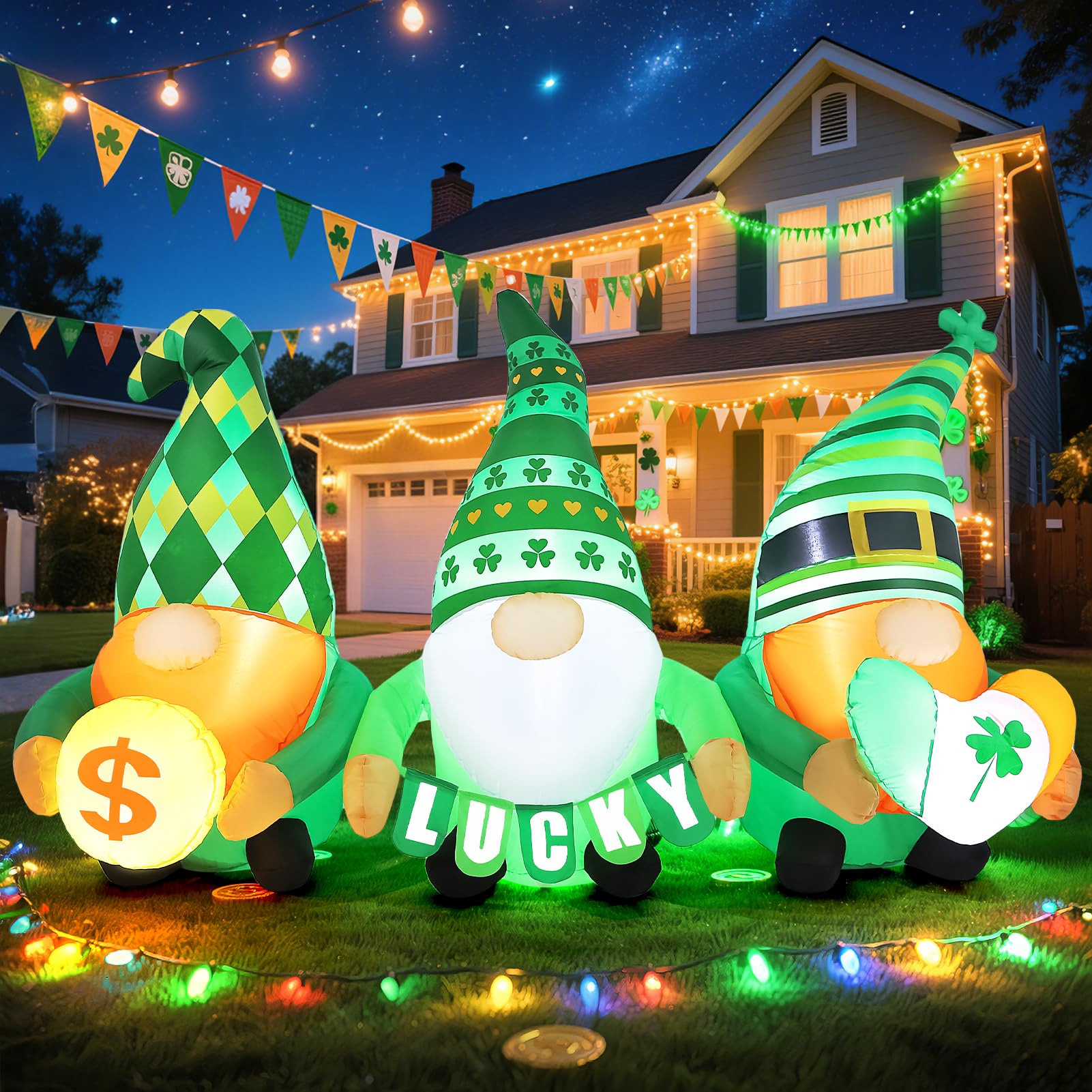 Zeepair 6ft St Patrick's Day inflatable gnomes light up your lawn at night.
