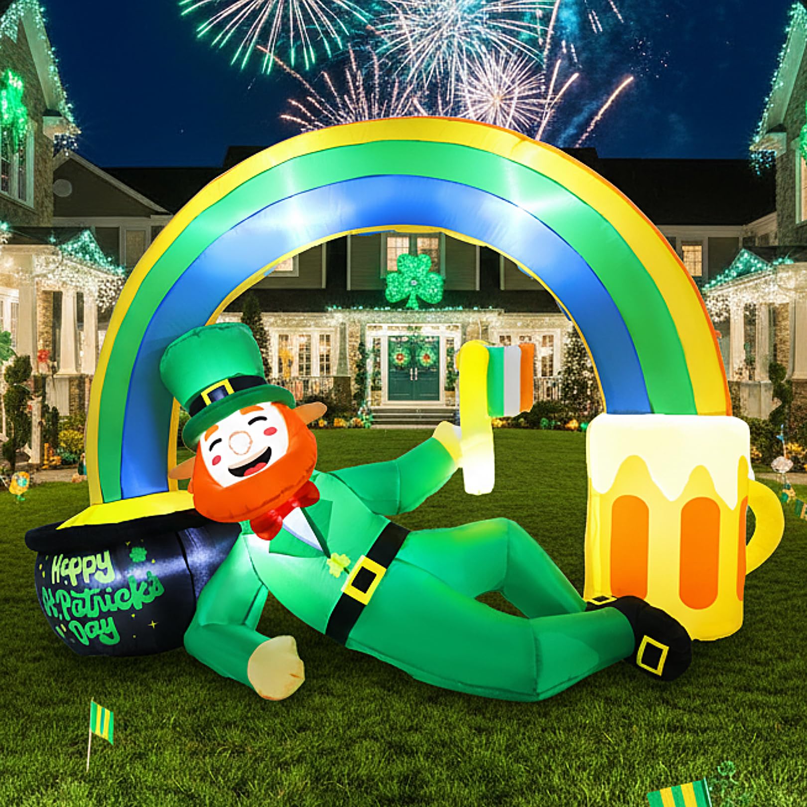 Zeepair 7FT St. Patrick’s inflatable with rainbow arc lights for festive yard display
