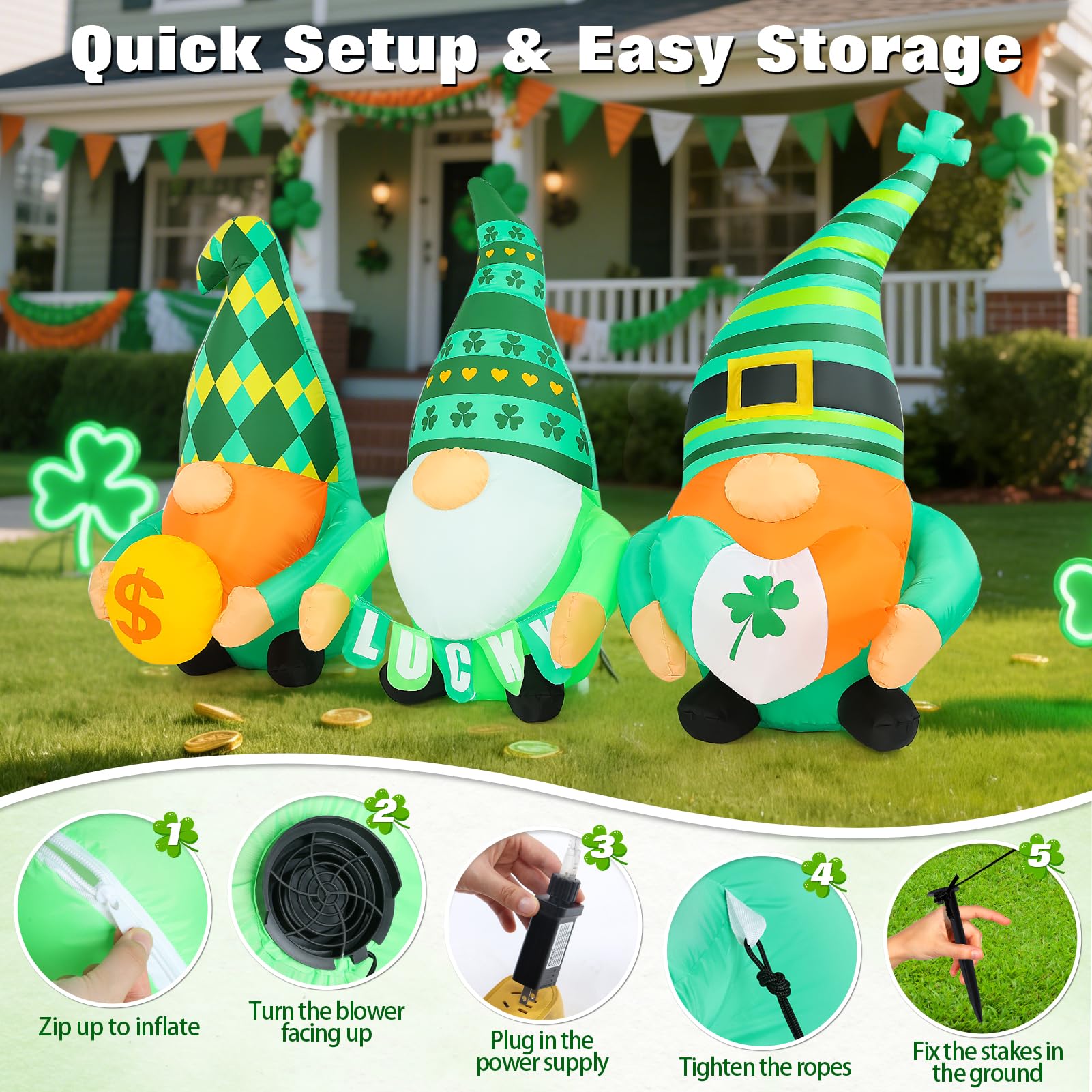 Zeepair three-gnome design creates varied St Patrick's themes in one display.