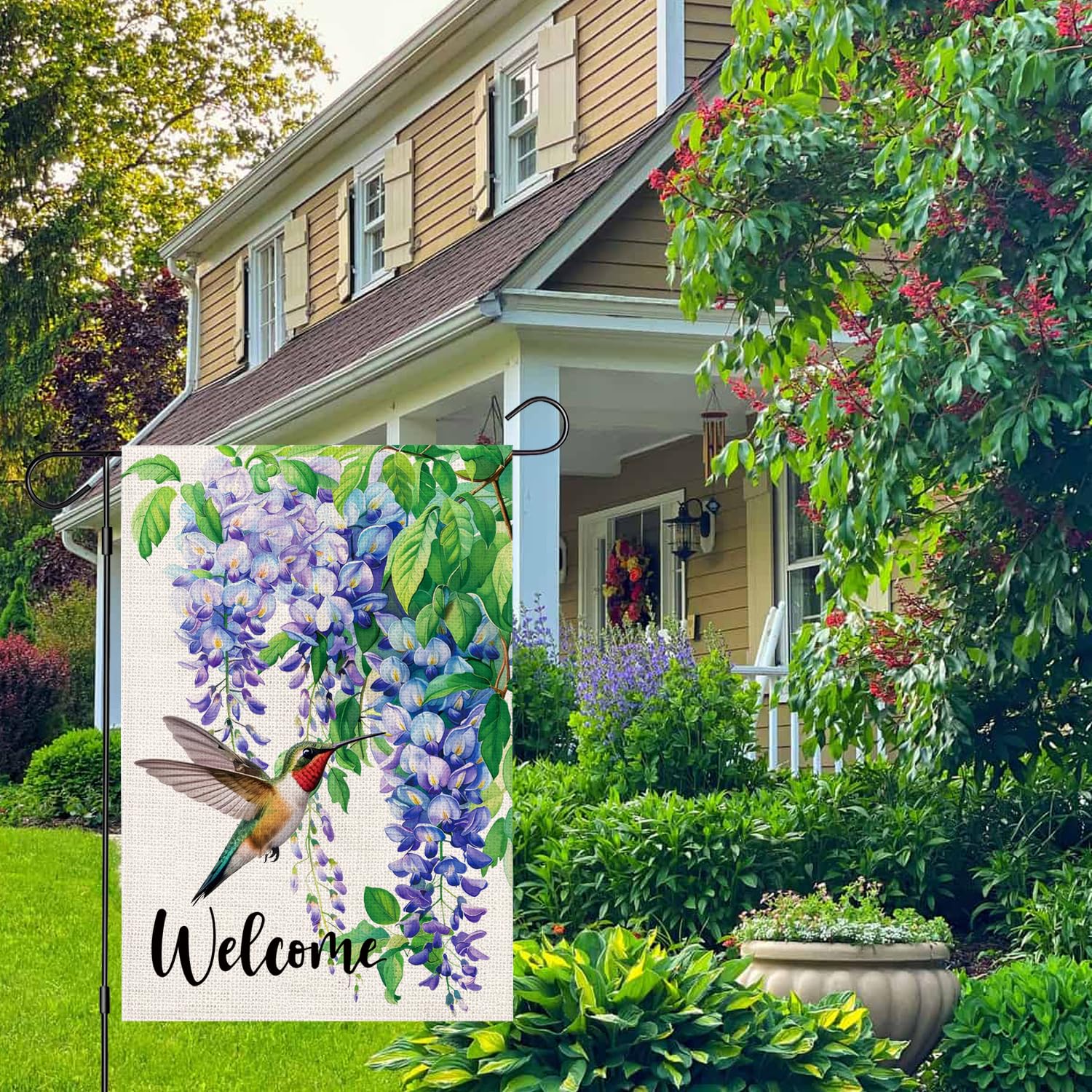 zeevly floral garden flag 12x18 displaying welcome design from both sides.