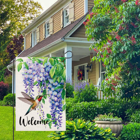 zeevly floral garden flag 12x18 displaying welcome design from both sides.