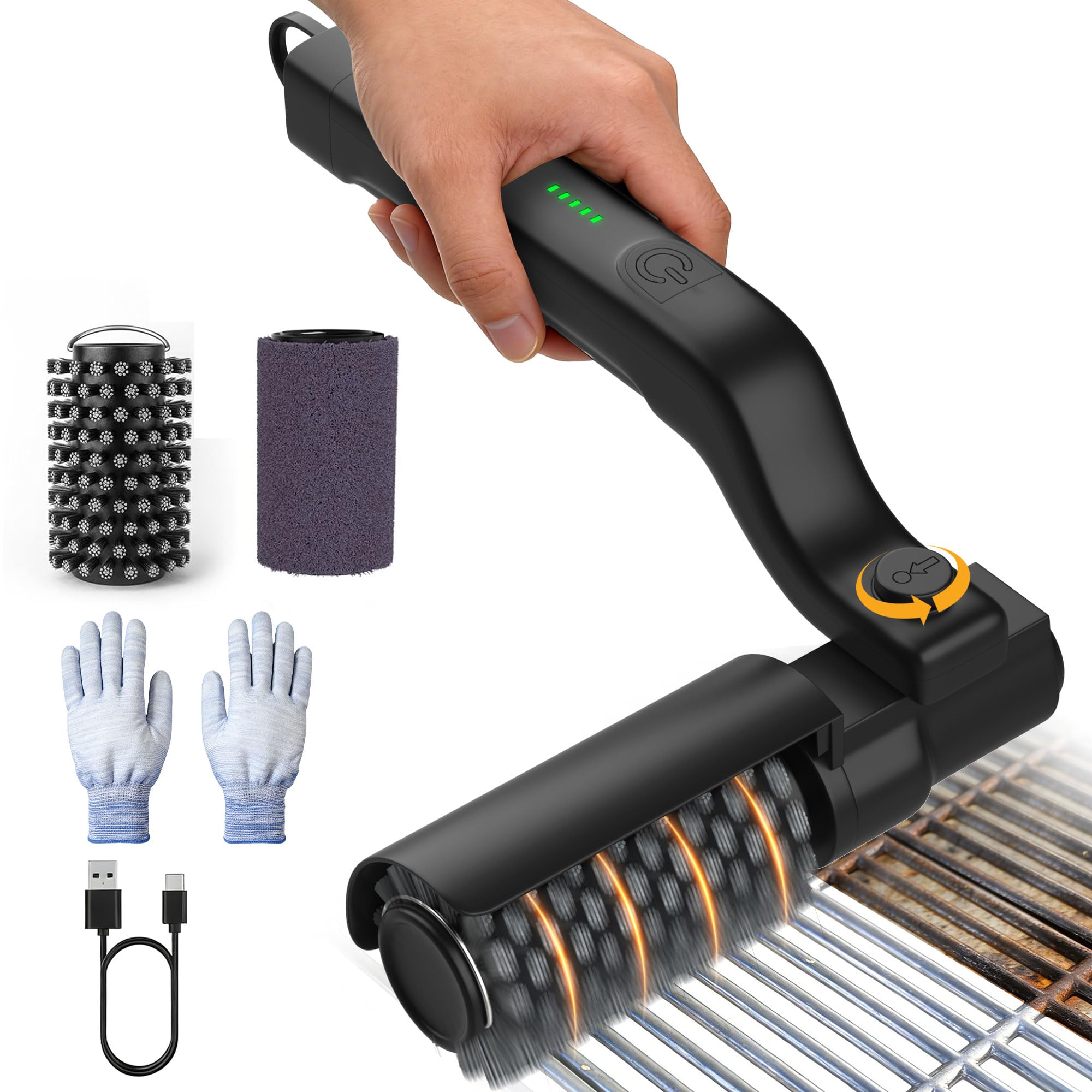 ZEYEGOY electric grill brush with rotating head reaching grill corners