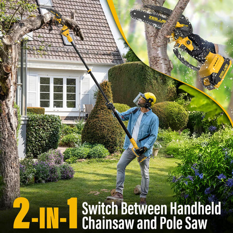 ZEGJAW pole saw with extendable pole reaches high branches safely.