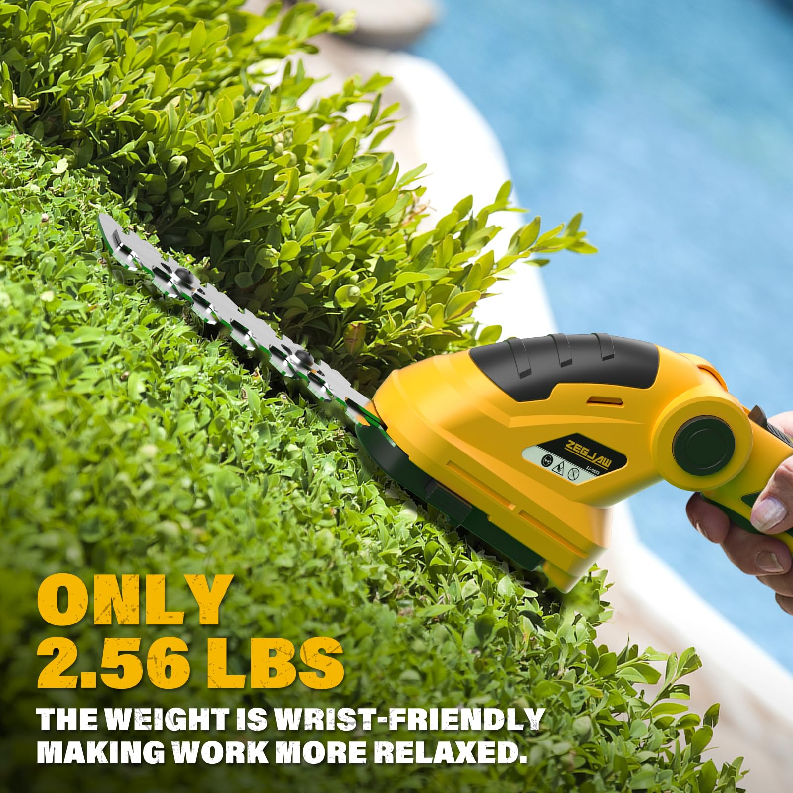 ZEGJAW 2-in-1 hedge trimmer and edger for crisp lawn edges.