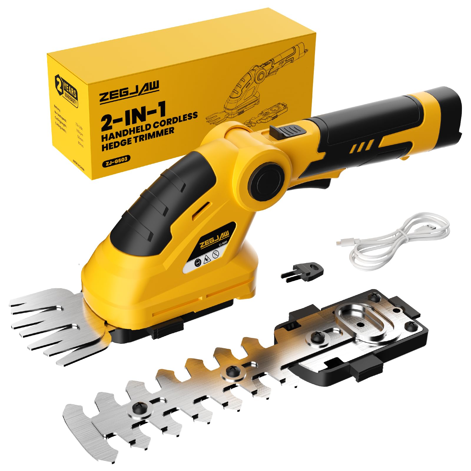 ZEGJAW hedge trimmer with rotating head enables angled cuts for hard-to-reach branches.