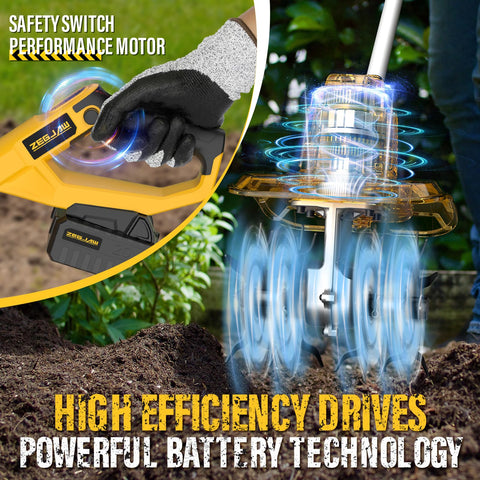 ZEGJAW rototiller demonstrates 7-inch depth reach for deeper soil loosening.