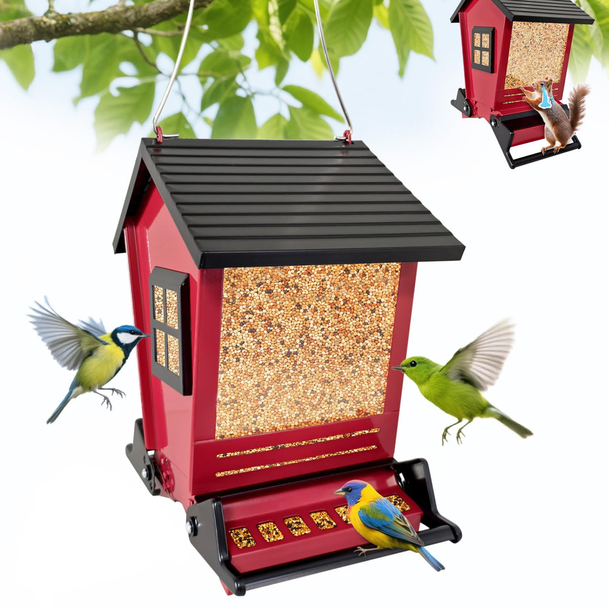 ZeHaiYlf squirrel-proof bird feeder outdoors in red with weather protection and easy seed viewing.