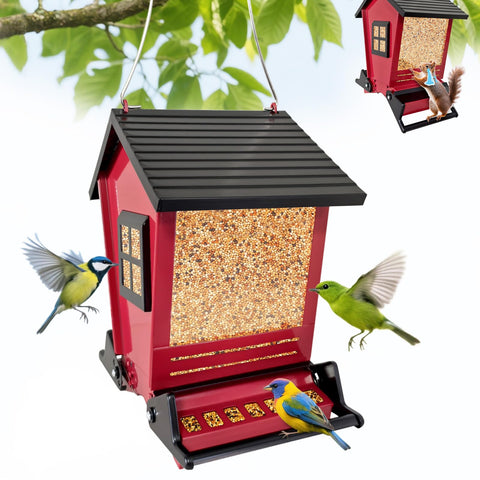 ZeHaiYlf squirrel-proof bird feeder outdoors in red with weather protection and easy seed viewing.