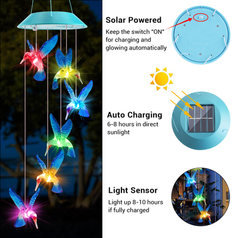 Zeiliuled Solar Hummingbird Wind Chimes color-changing display for holiday use