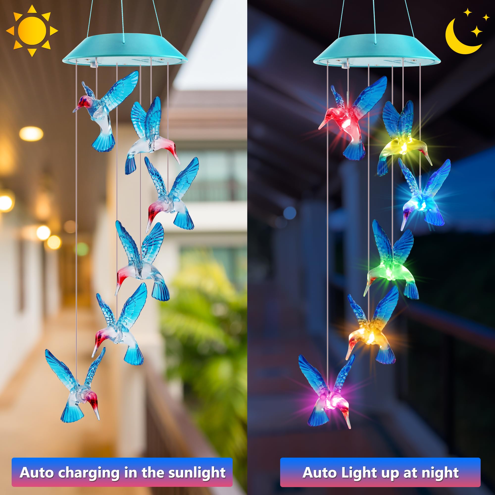 Zeiliuled Solar Hummingbird Wind Chimes glow at night for cozy outdoor ambiance