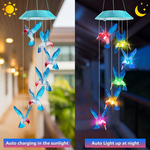 Zeiliuled Solar Hummingbird Wind Chimes glow at night for cozy outdoor ambiance