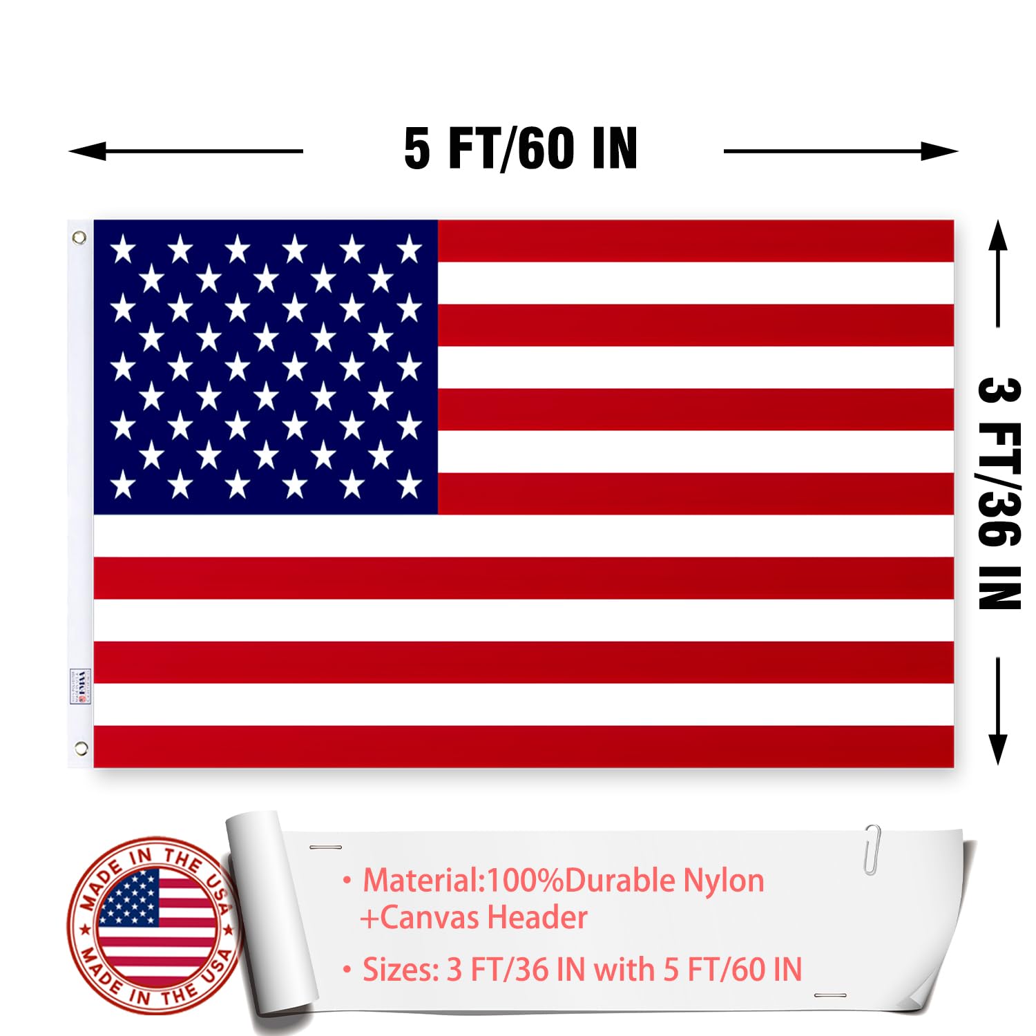 ZEKVY heavy-duty construction US flag with canvas header for all-weather visibility.