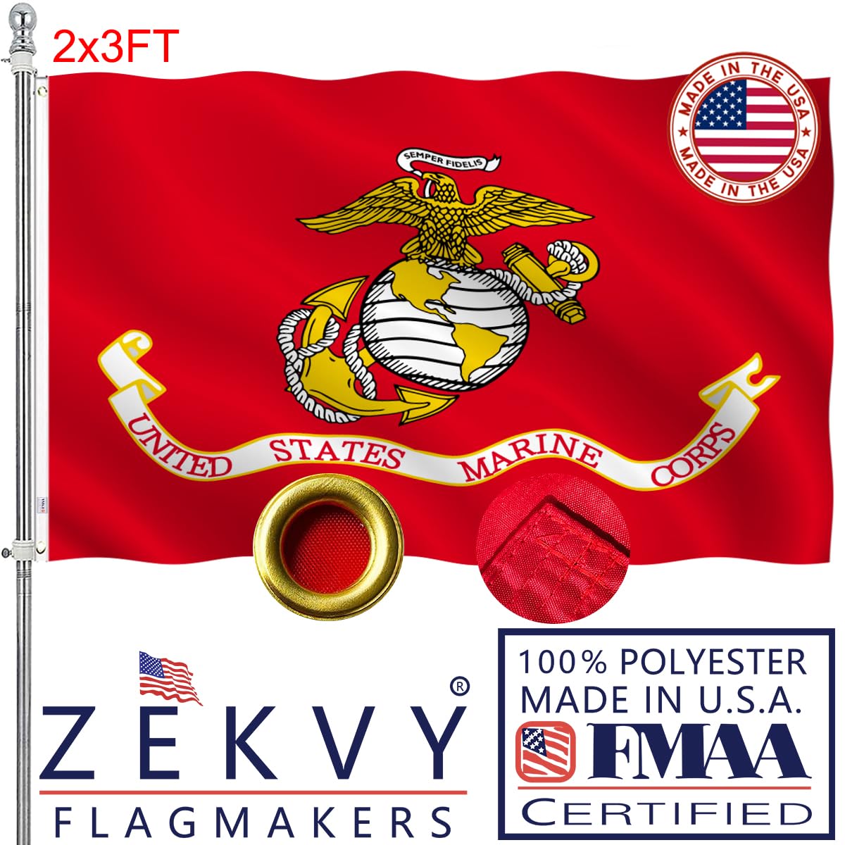 ZEKVY USMC flag 2x3 outdoor front view with vivid colors for durable display