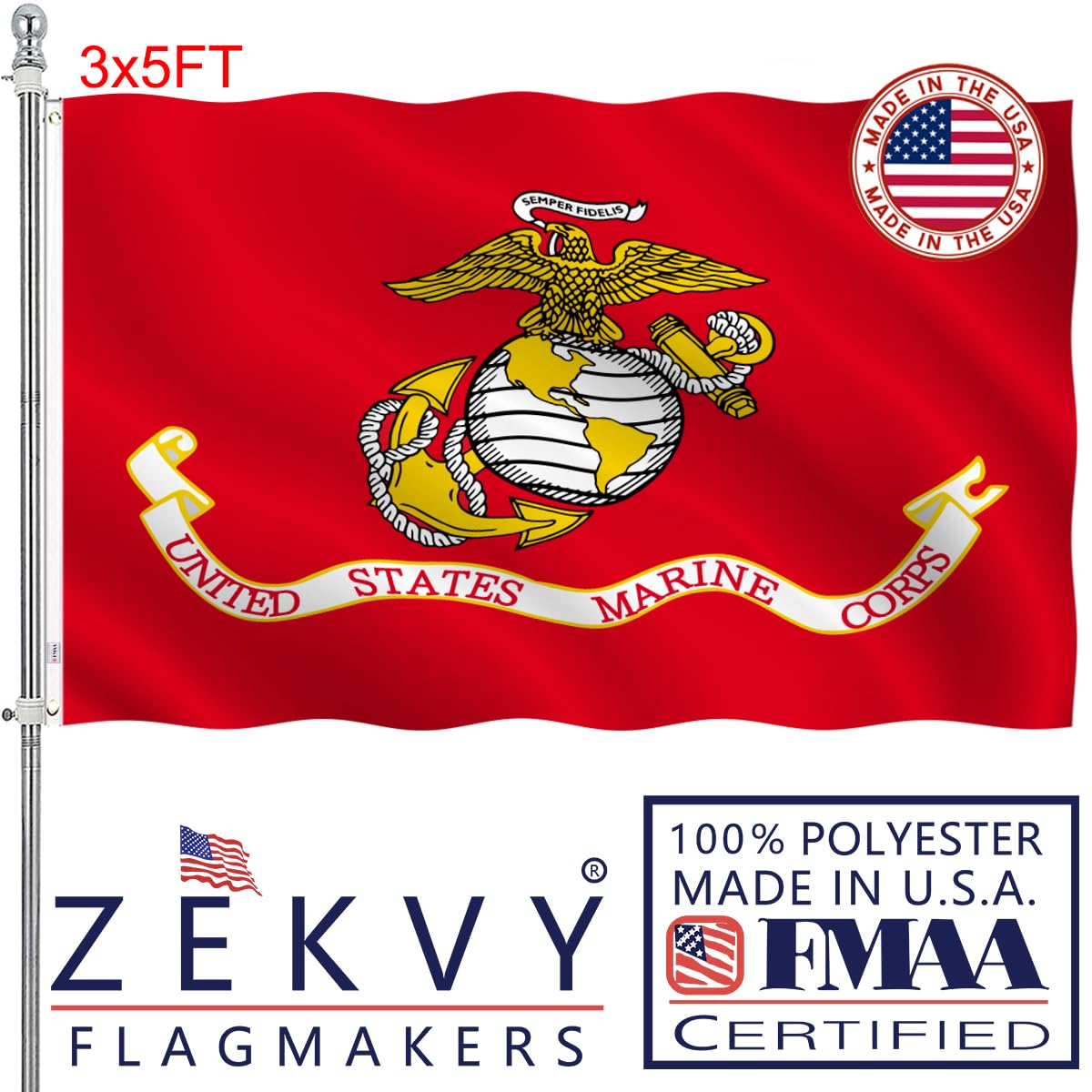 ZEKVY USMC flag 3x5 outdoors on a pole with vivid colors.