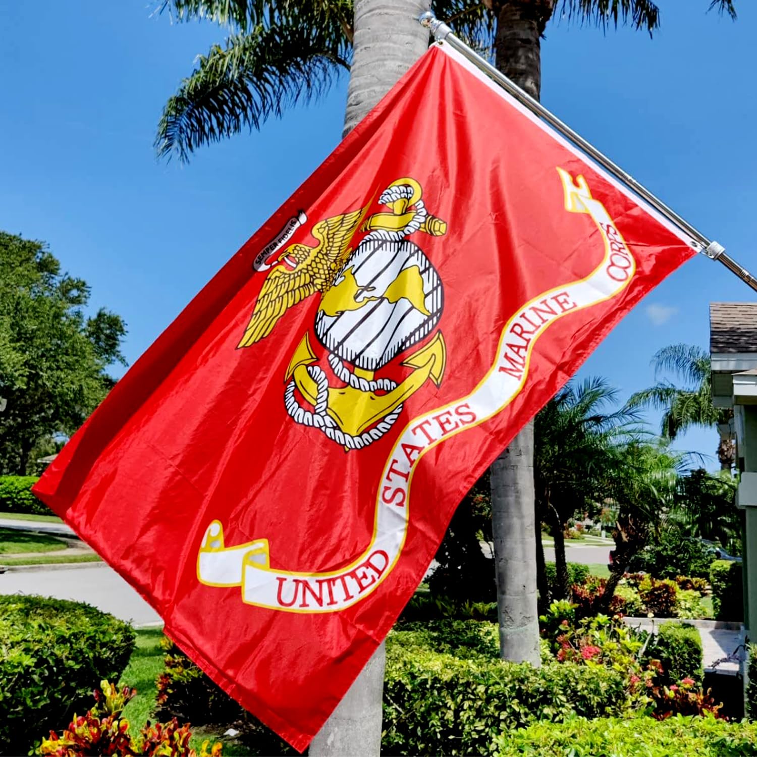 ZEKVY USMC flag close-up shows heavy-duty header and reinforced stitching for longevity.