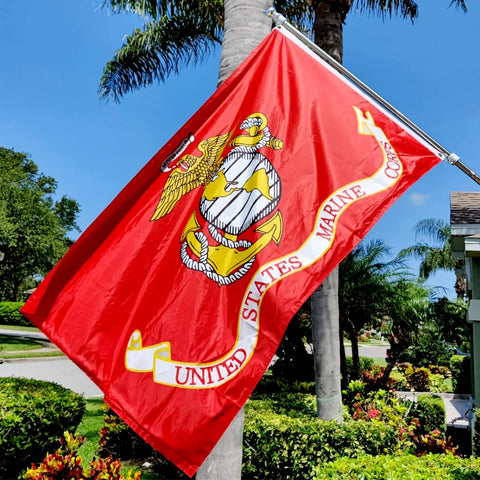 ZEKVY USMC flag close-up shows heavy-duty header and reinforced stitching for longevity.