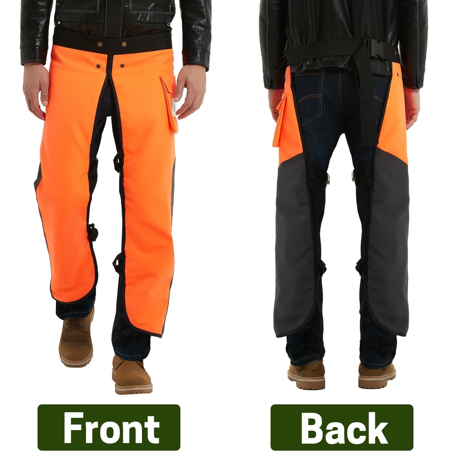 ZELARMAN apron-style chaps protecting front legs during logging.