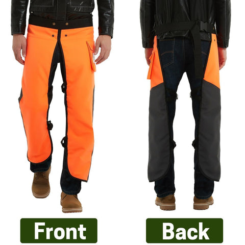 ZELARMAN apron-style chaps protecting front legs during logging.