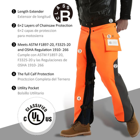 ZELARMAN chainsaw chaps apron side view highlighting adjustable waist up to 49 inches.