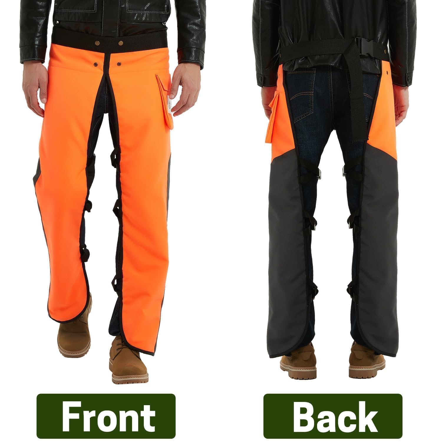 ZELARMAN 8-layer protection chaps with durable 1000-denier Oxford fabric in use.
