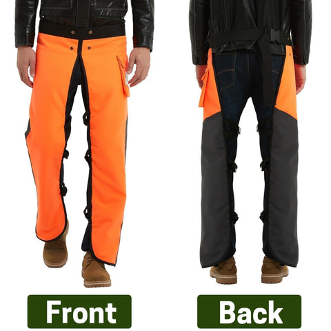 ZELARMAN 8-layer protection chaps with durable 1000-denier Oxford fabric in use.