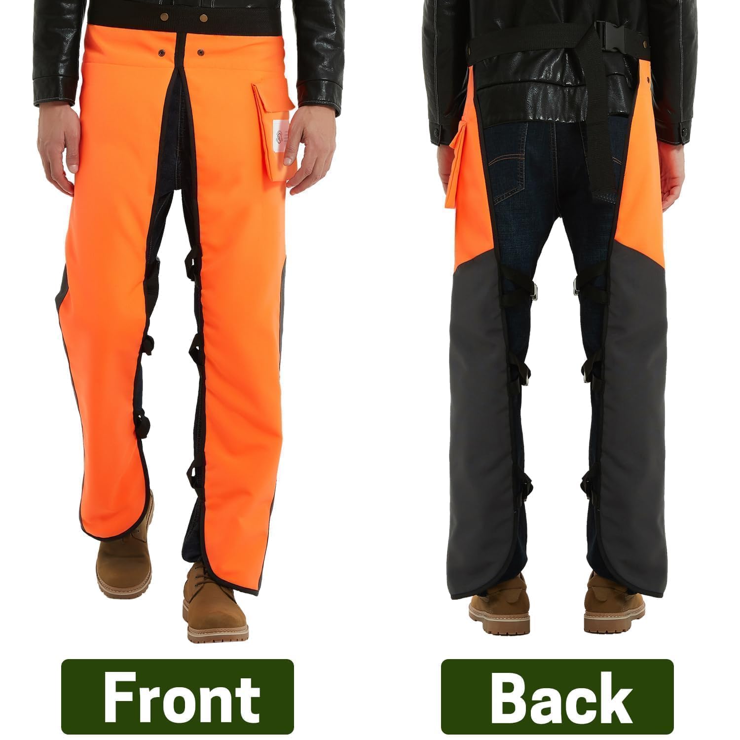 ZELARMAN chaps demonstrate waist-to-ankle coverage on the front of the legs.