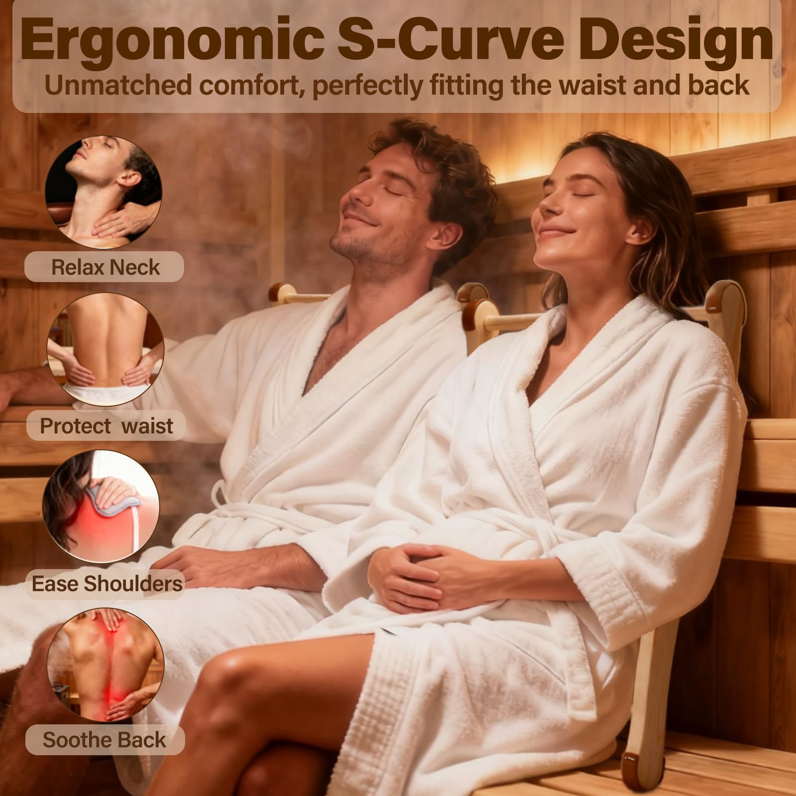 Zelmor cedar sauna seat close-up highlights heat and moisture resistance