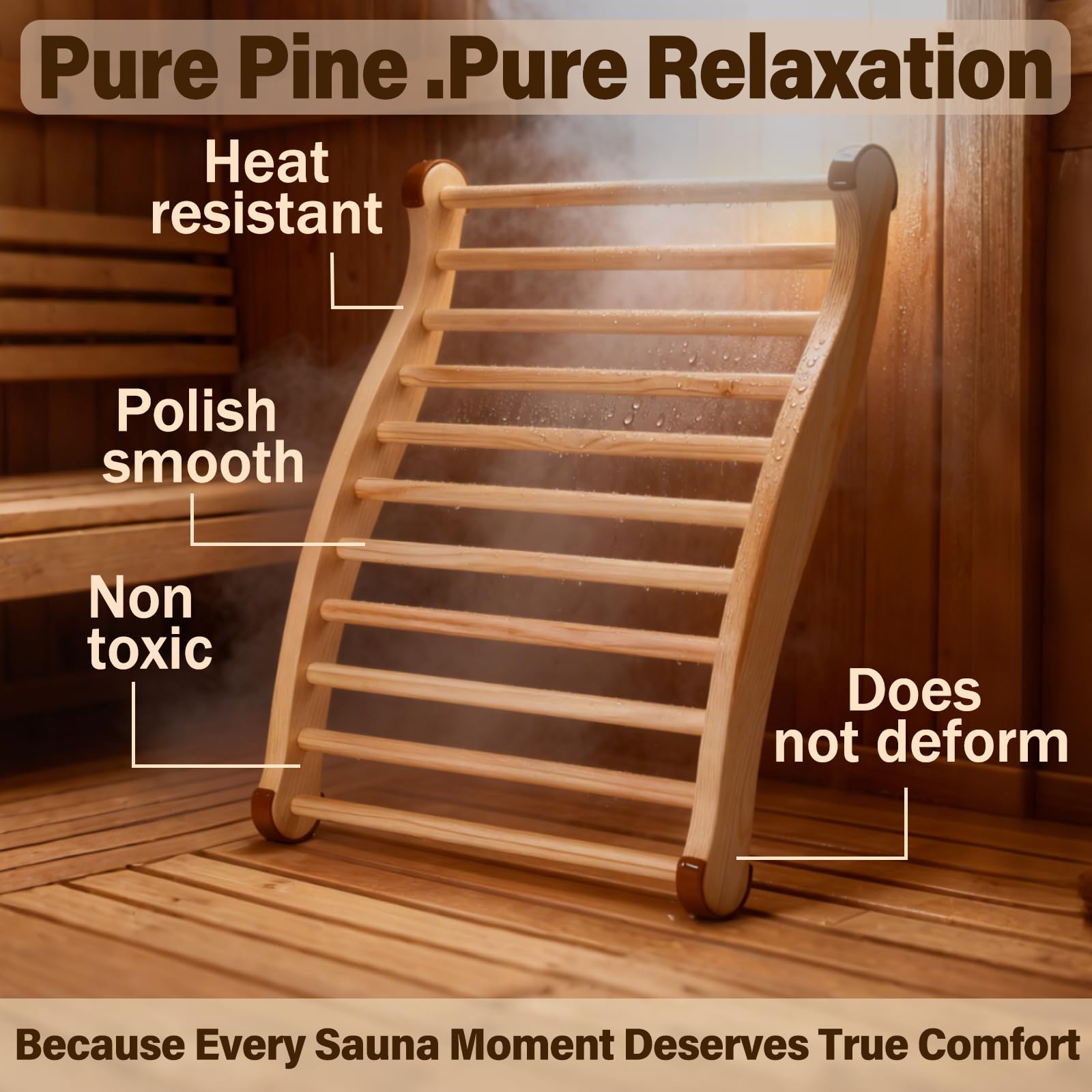Zelmor backrest close-up shows non-slip cedar construction for stability