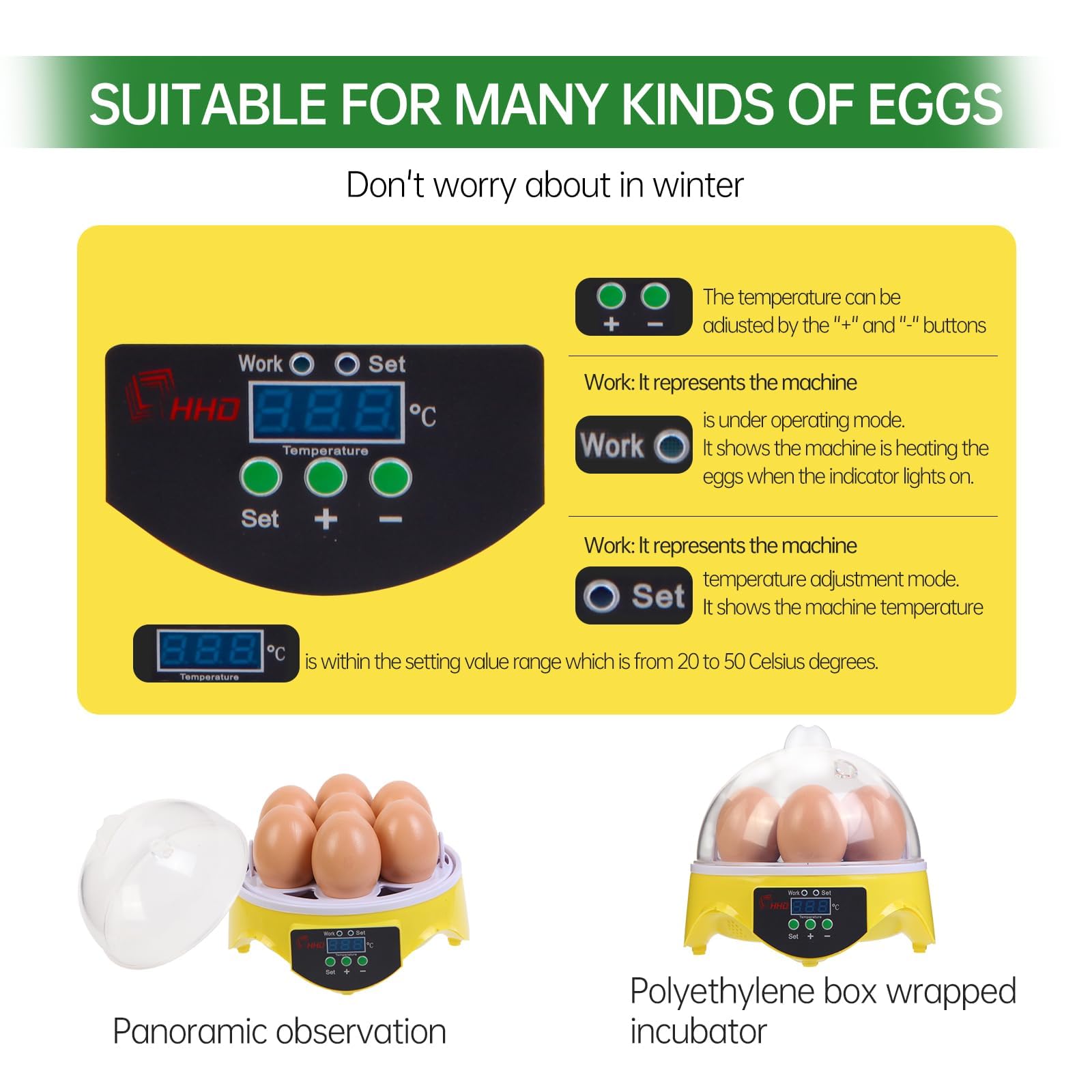 ZEMIRO CHARGE 7-Egg Incubator insulated design preserves heat efficiently.