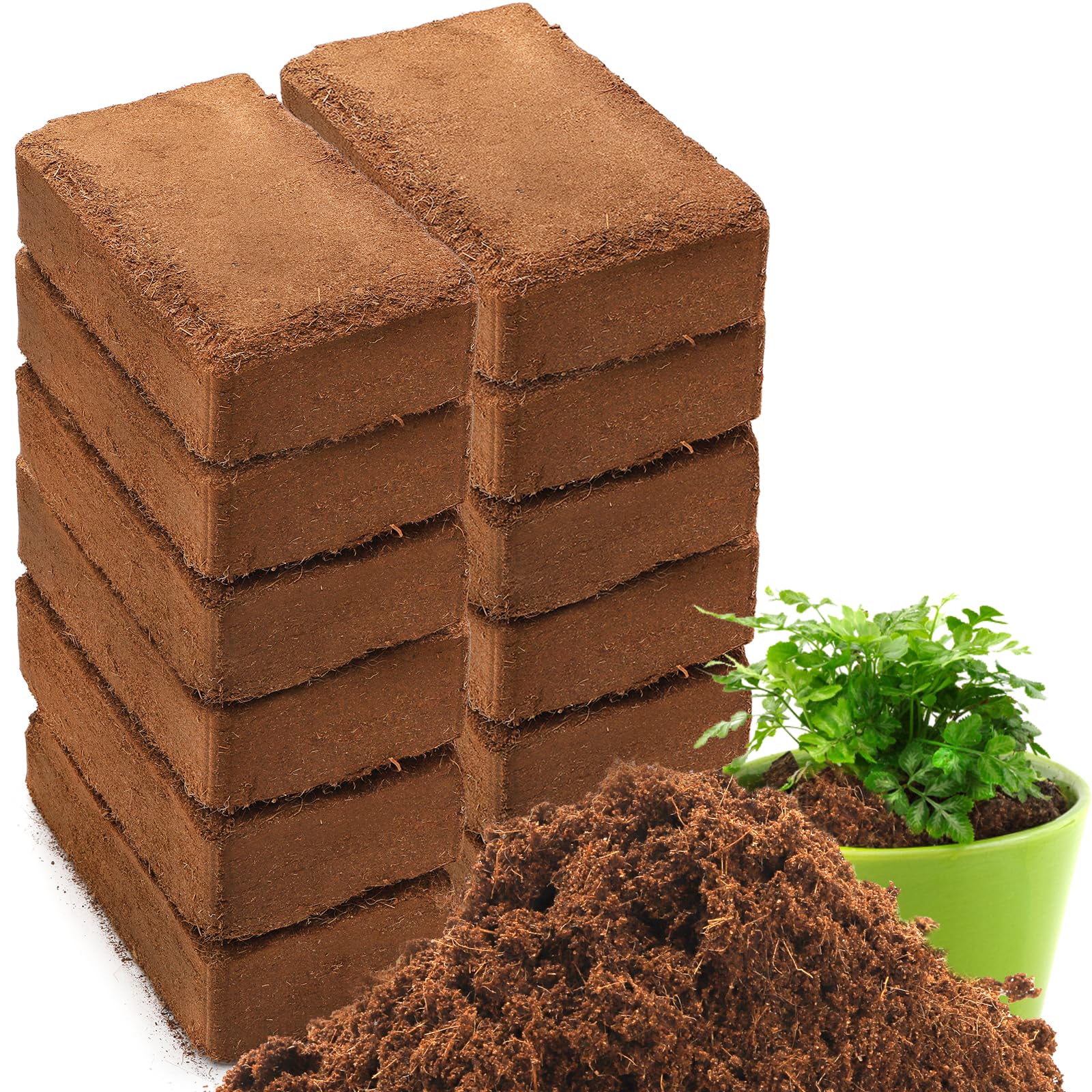 ZENFUN coco coir brick 12-pack ready to expand for gardening and moisture retention.