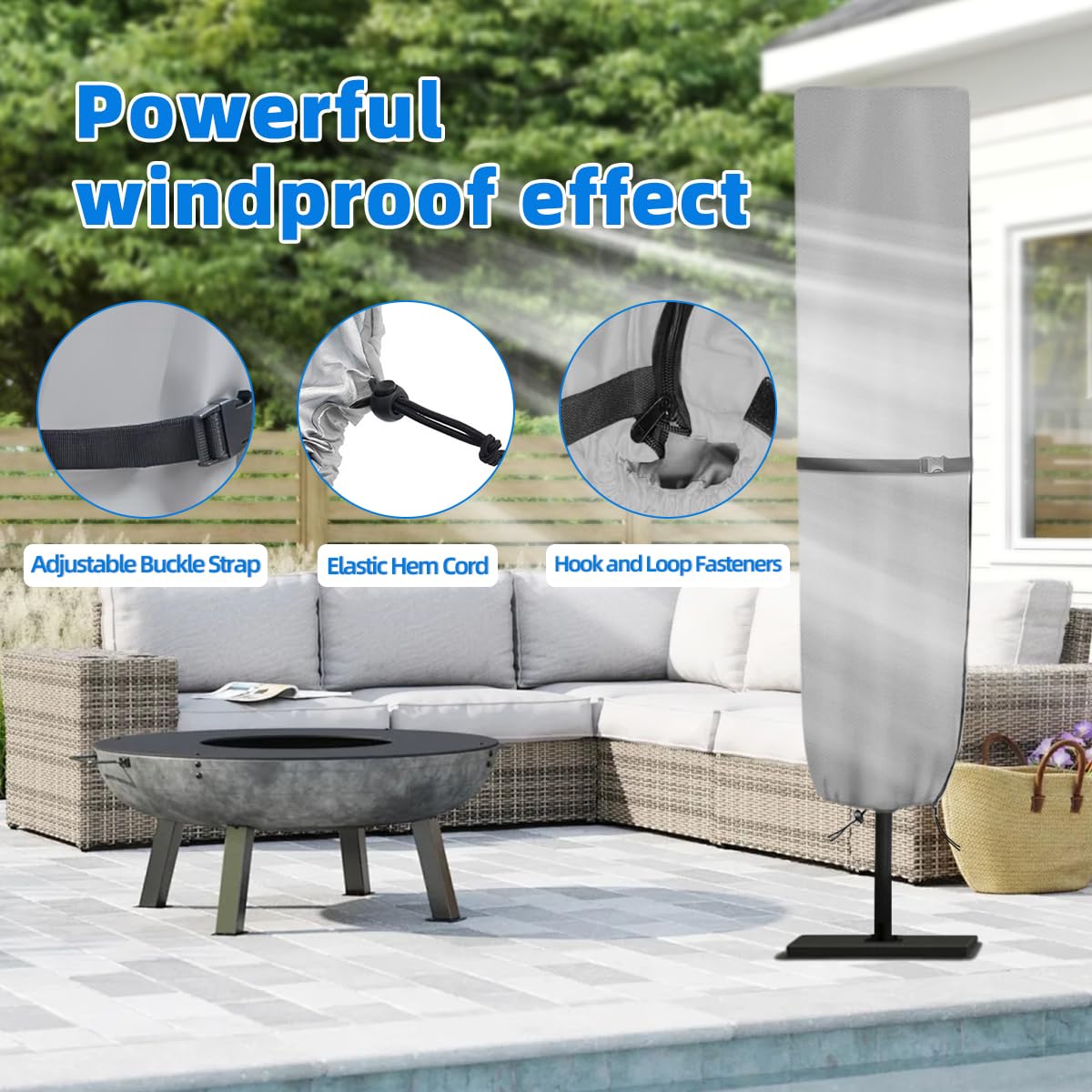 Zenicham Parasol Cover retractable pole bottom-pocket eases setup for tall umbrellas.