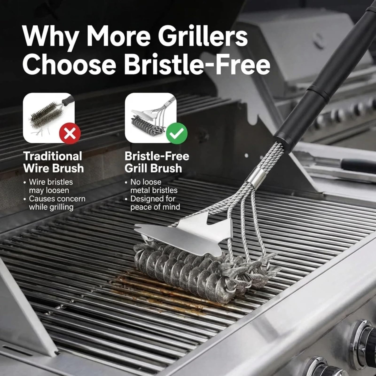 ZenithShine reinforced-coil grill brush cleans between grates safely.