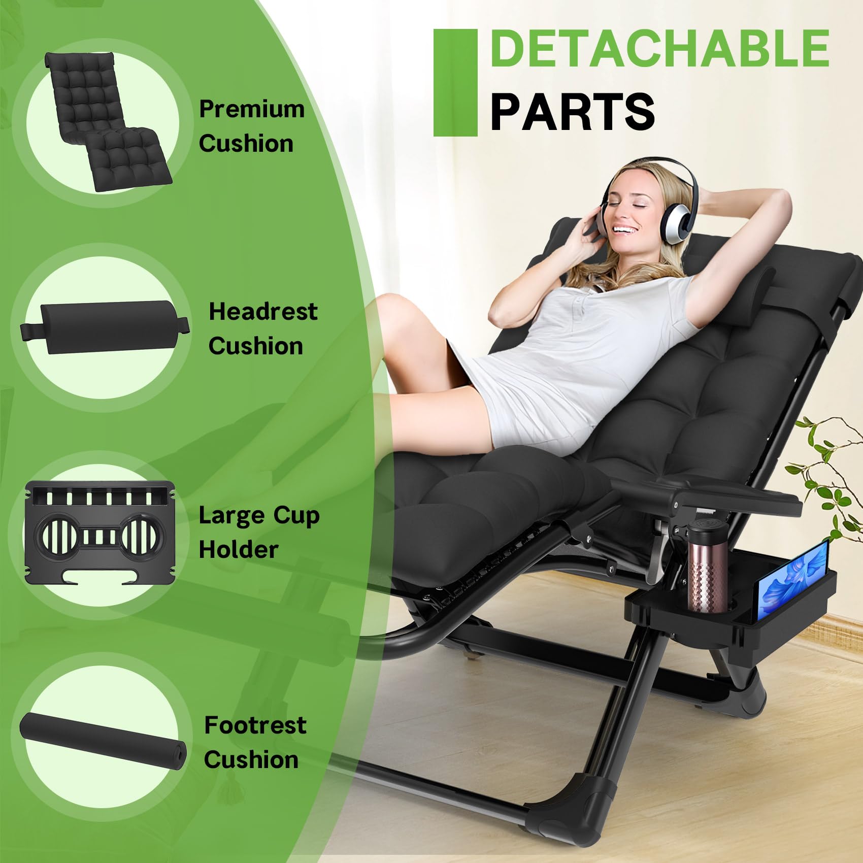 ZENPETIO 29In XL Zero Gravity Chair with removable headrest and footrest