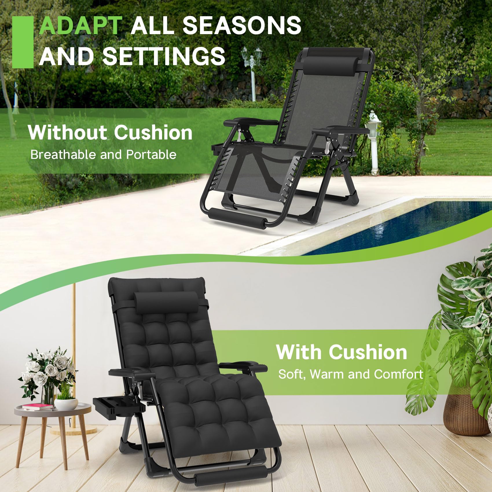 ZENPETIO 29In XL Zero Gravity Chair with cup holder keeps drinks within reach